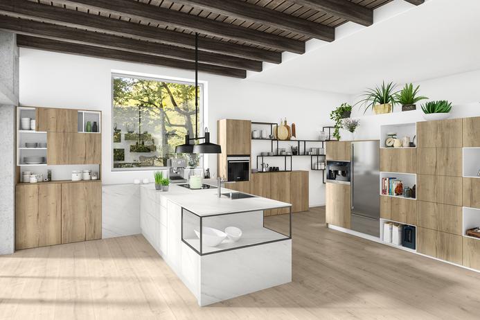 Helles Küchenplanungsbeispiel Planungsbeispiel einer offenen und hellen Küche mit Holzoberflächen